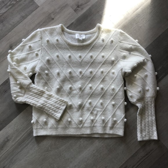 Line & Dot Anthropologie Leah Pom Pom Poofy Sleeve Sweater Cable Knit accent Med - Picture 2 of 8